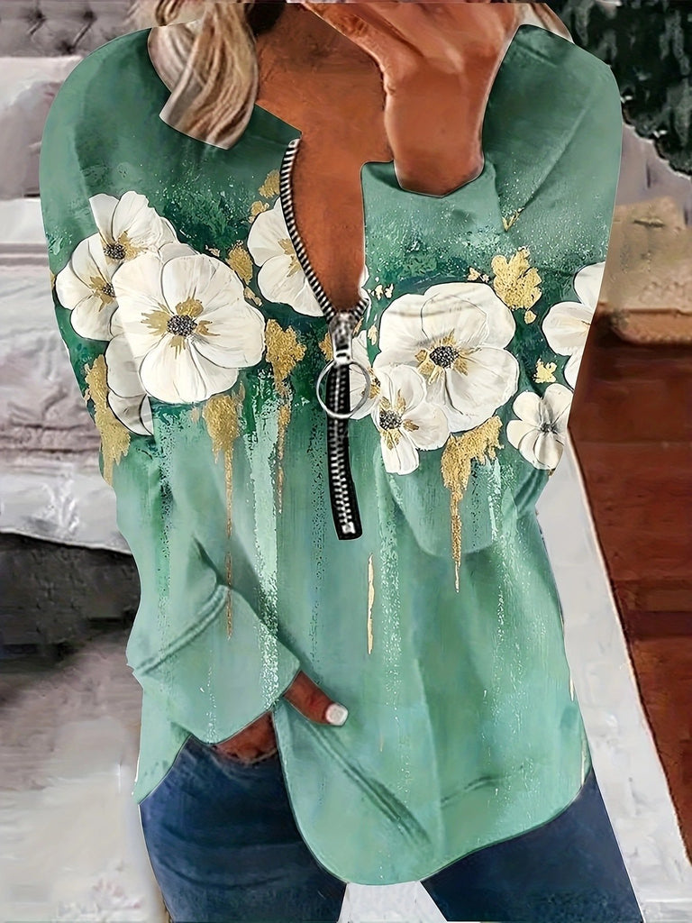 Fashion Crew Neck Long Sleeve Floral Zipper Casual Regular Sweatshirt