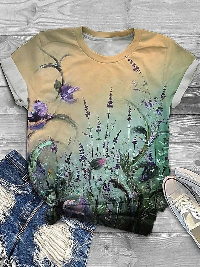 Fashion Short Sleeve Crew Neck Floral Casual Regular T-Shirt