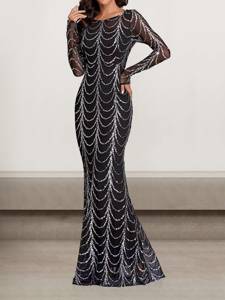 Sexy Crew Neck Long Sleeve Plain Tight Maxi Dress