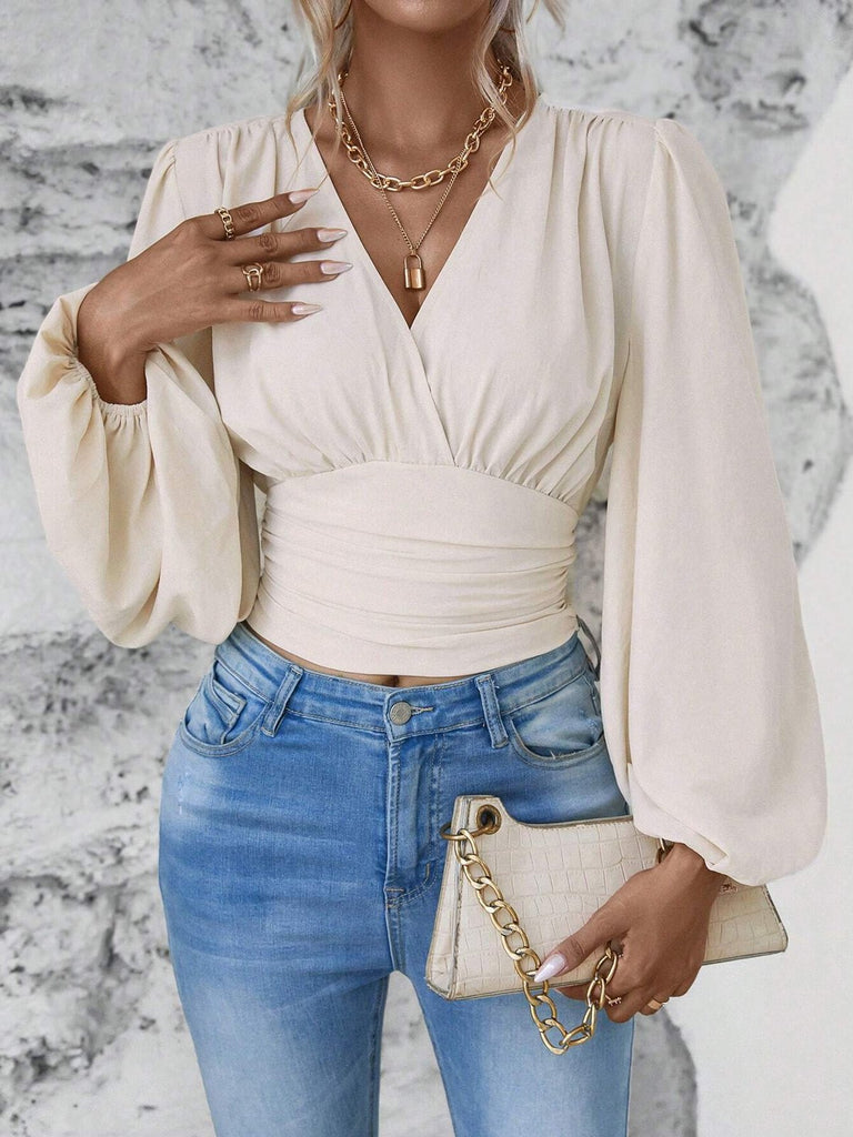 Fashion V Neck Long Sleeve Plain Loose Regular Blouse