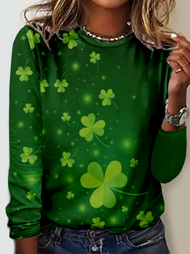 Casual Crew Neck Long Sleeve Four-Leaf Clover Fashion Regular T-Shirt
