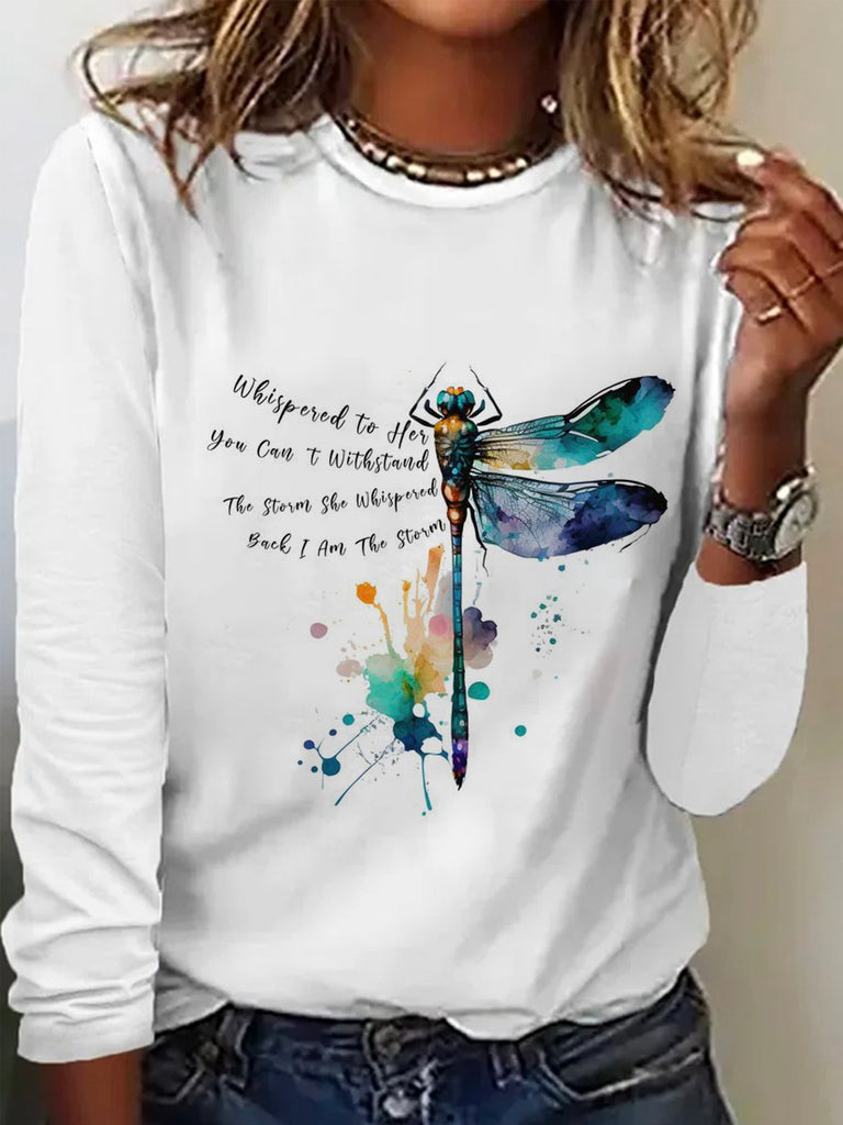 Fashion Crew Neck Long Sleeve Dragonfly Loose Regular T-Shirt