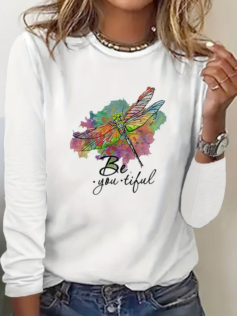 Fashion Crew Neck Long Sleeve Text Letters Loose Regular T-Shirt