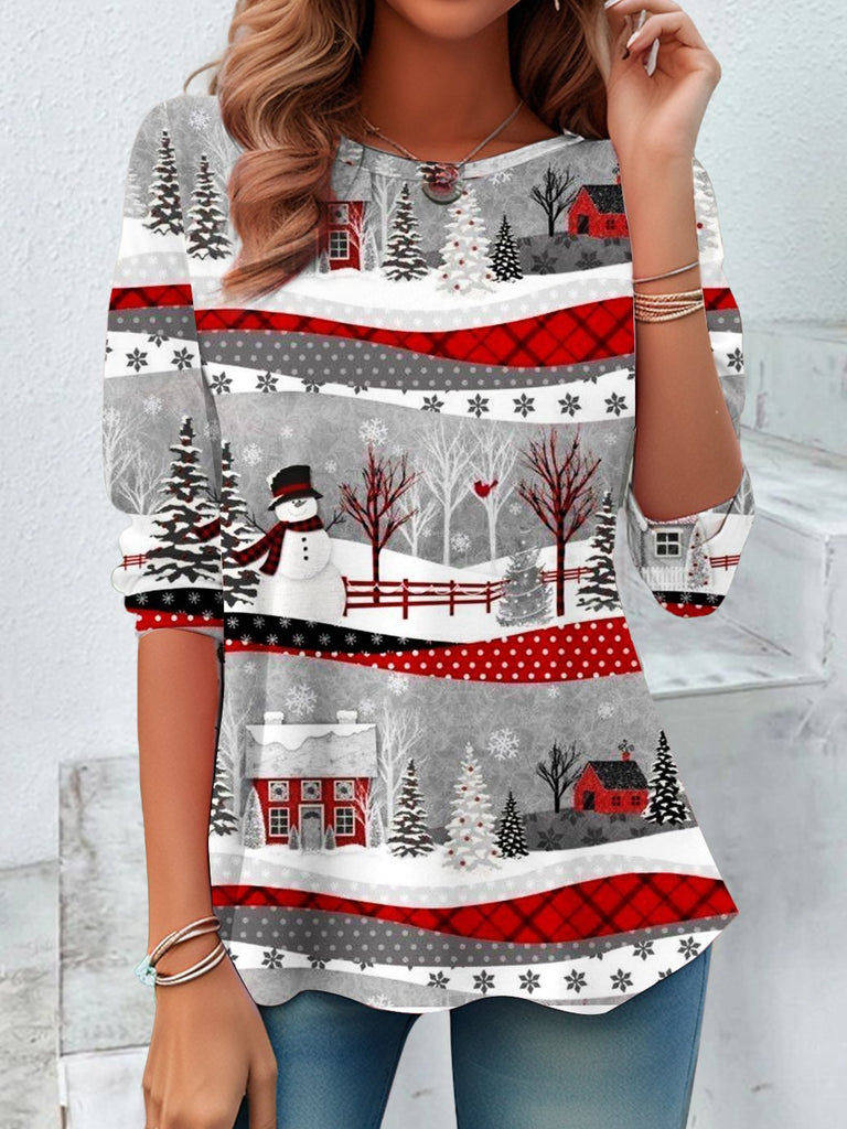 Loose Crew Neck Long Sleeve Christmas Snowman Vintage Regular T-Shirt