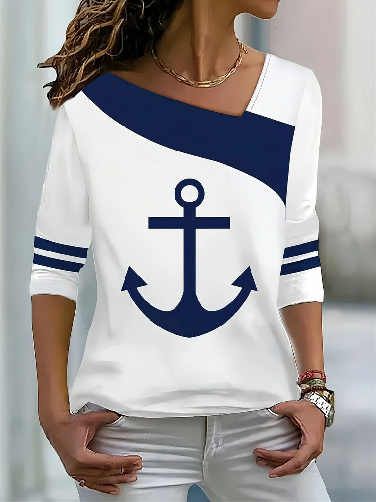 Fashion Long Sleeve Anchor Loose Mid-Long Blouse