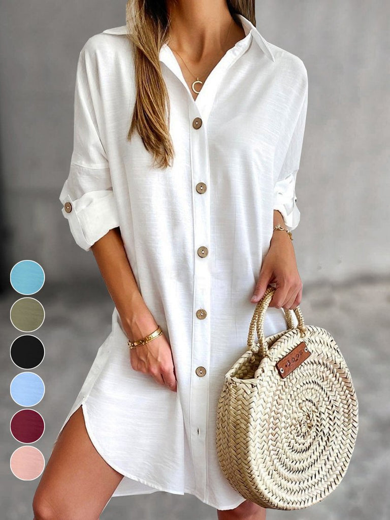 Fashion V Neck Long Sleeve Plain Loose Midi Dress