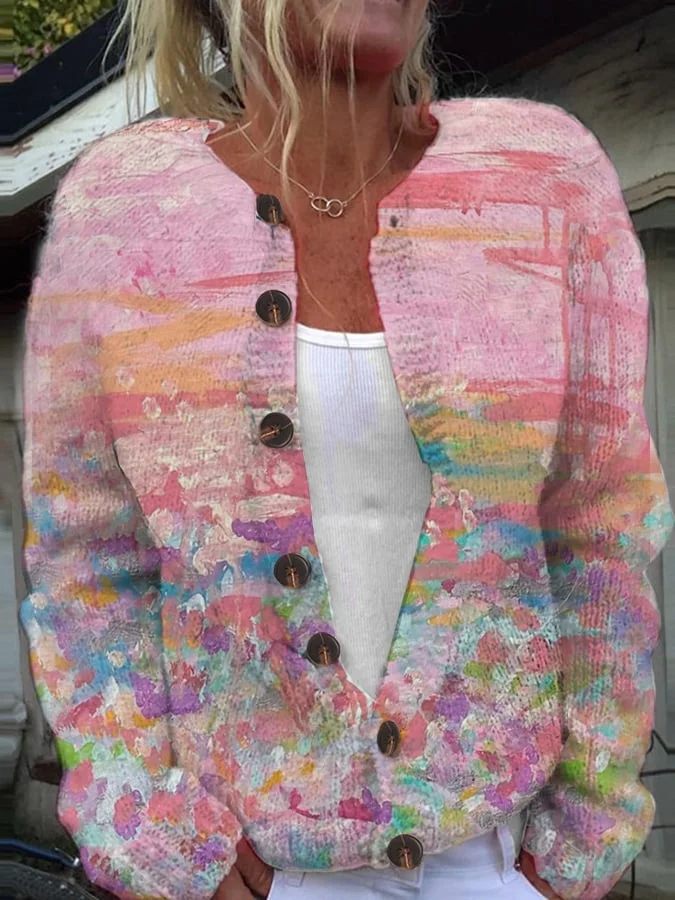 Crew Neck Long Sleeve 3D Printing Abstract Fashion Regular Cardigan