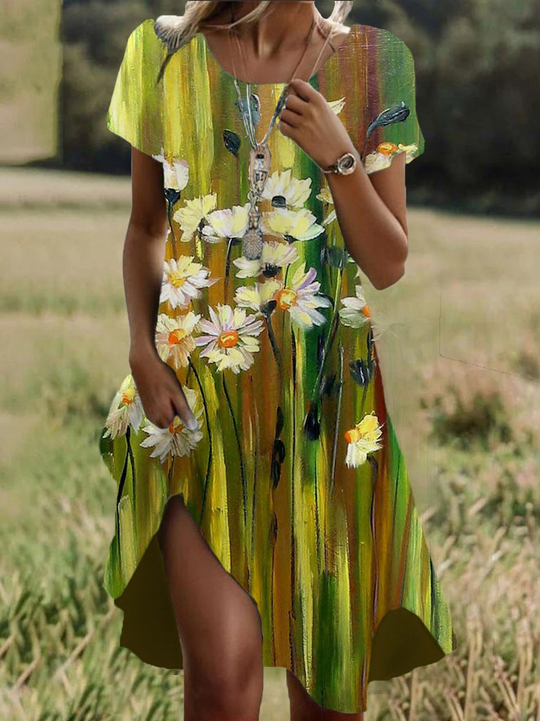 Fashion Short Sleeve Crew Neck Floral Loose Short Dress