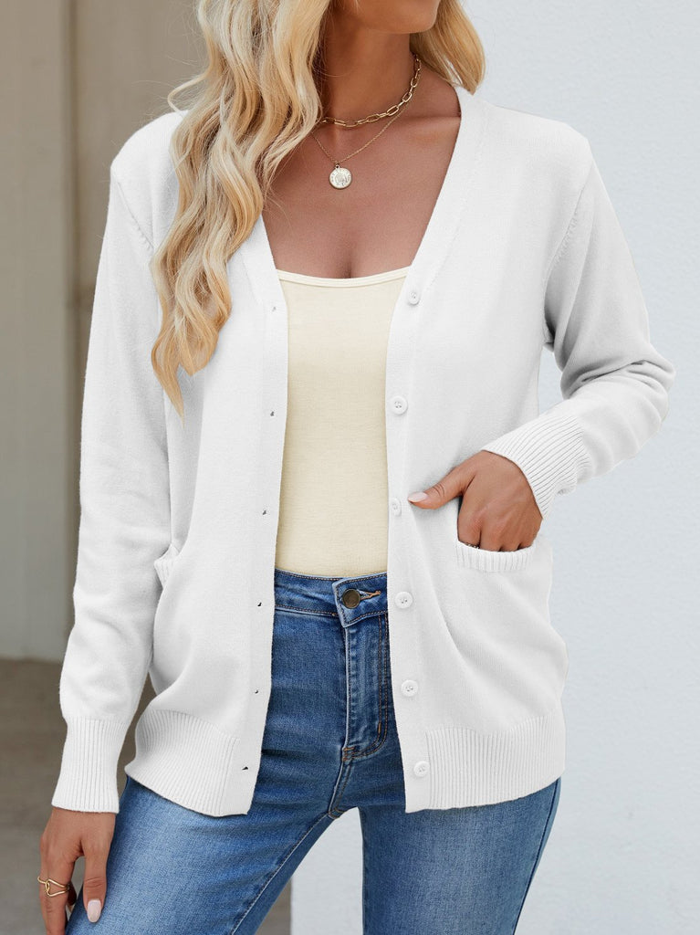 Loose V Neck Long Sleeve Plain Fashion Regular Cardigan