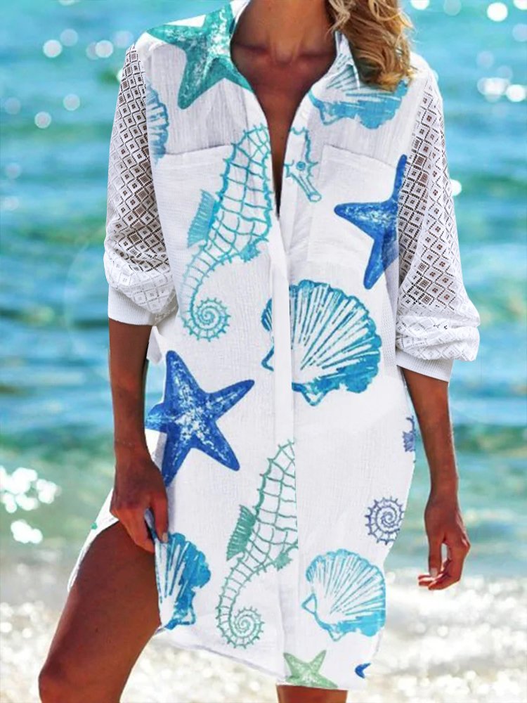 Fashion Long Sleeve Marine Life Loose Short Dress