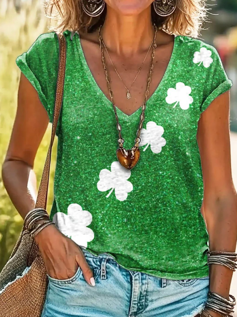 V Neck Short Sleeve Floral Casual Regular T-Shirt