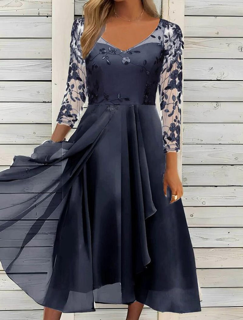 Fashion V Neck Long Sleeve Plaid Lace Maxi Dress