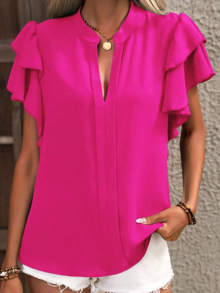 Loose V Neck Short Sleeve Plain Fashion Regular Blouse