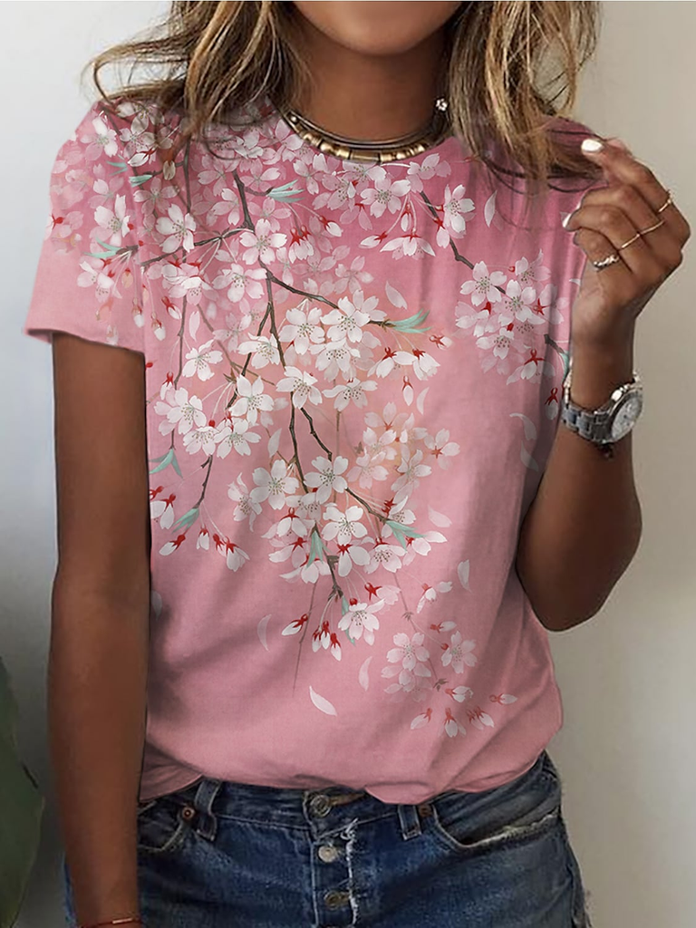 Casual Short Sleeve Crew Neck White Floral Fashion Regular T-Shirt