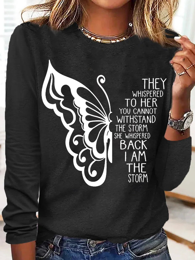 Fashion Crew Neck Long Sleeve Text Letters Regular Blouse