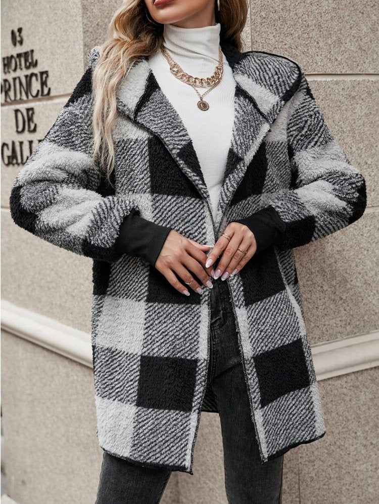 Loose Hoodie Long Sleeve Plaid Fashion Mid-Long Coat