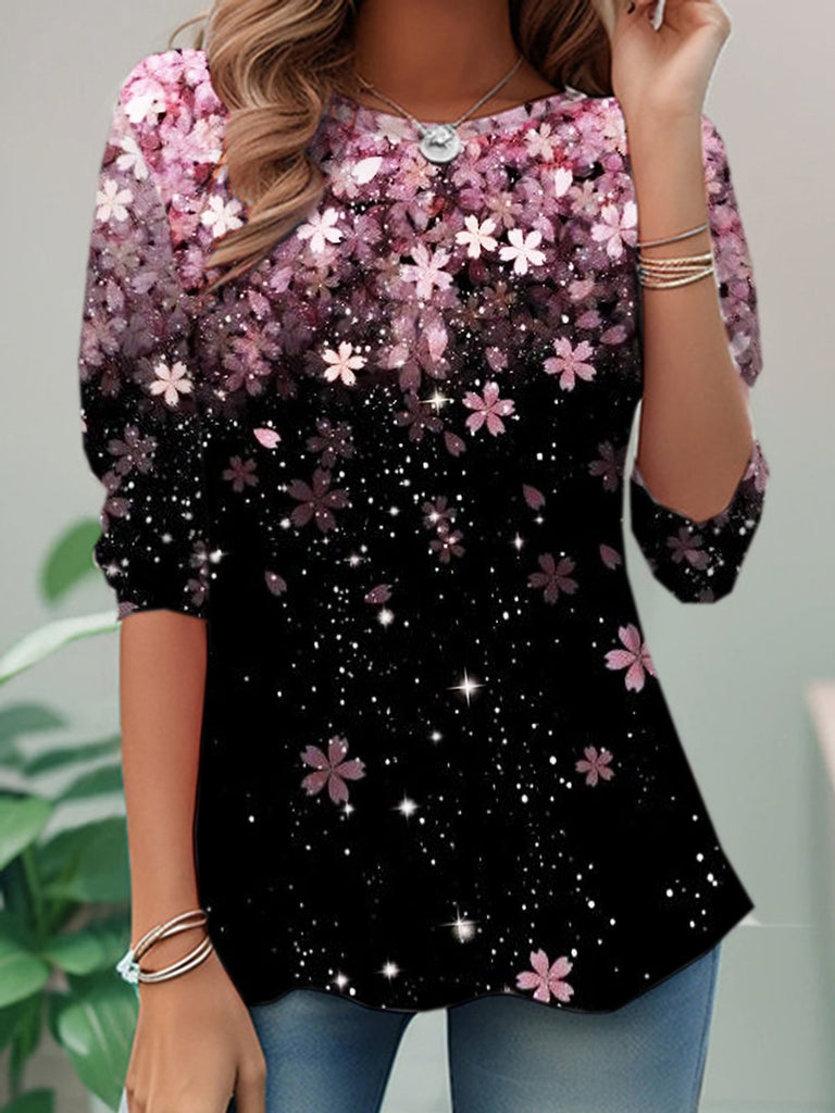 Casual Crew Neck Long Sleeve Floral Fashion Regular T-Shirt