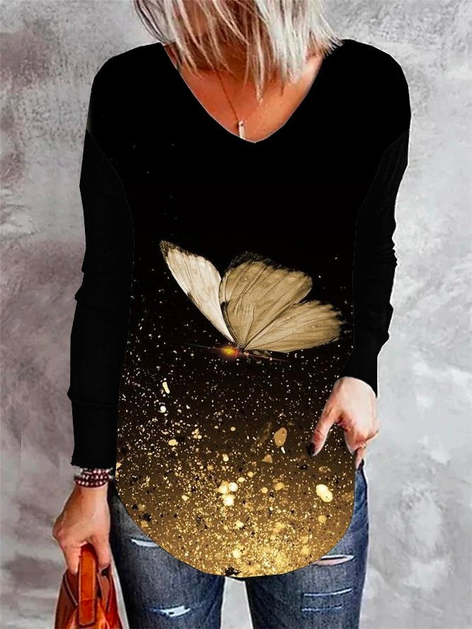 Fashion V Neck Long Sleeve Ombre Loose Regular Blouse