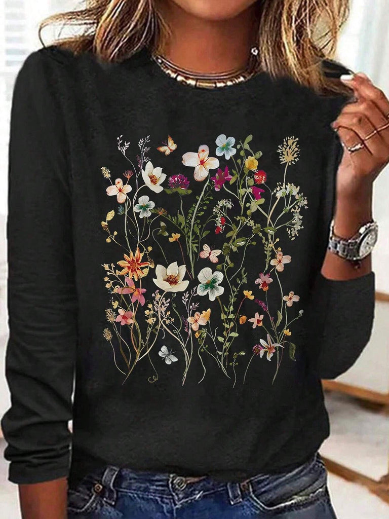 Fashion Crew Neck Long Sleeve Floral Casual Regular T-Shirt
