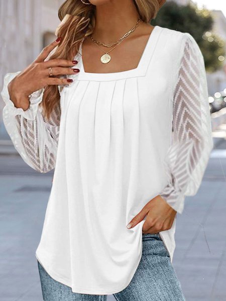 Fashion Long Sleeve Square Neck Plain Split Joint Loose Regular Blouse