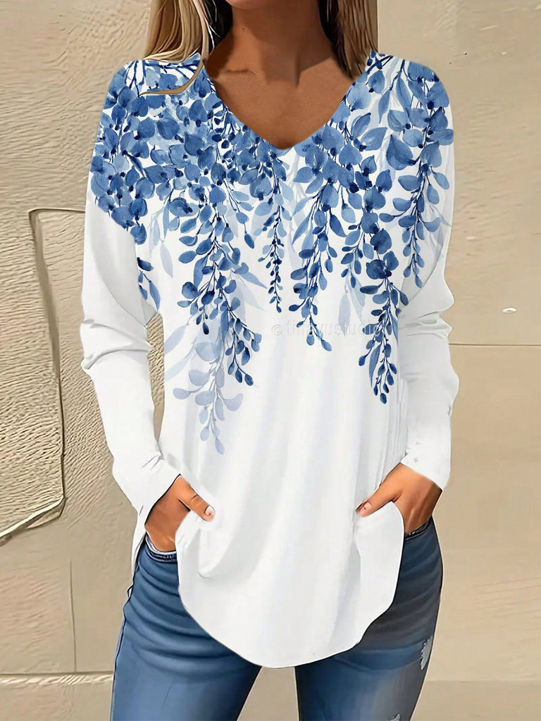Fashion V Neck Long Sleeve Floral Loose Regular Blouse