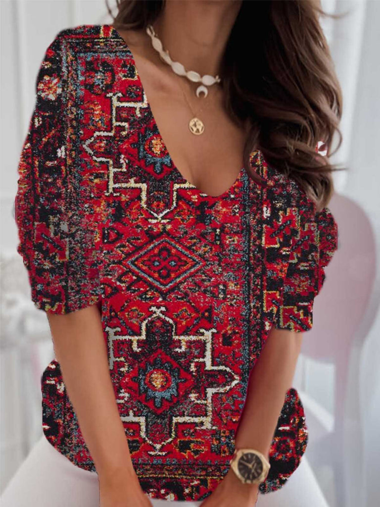 Fashion V Neck Long Sleeve Ethnic Casual Regular T-Shirt