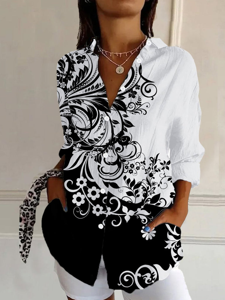 Loose Long Sleeve Shirt Collar Floral Fashion Regular Shirt