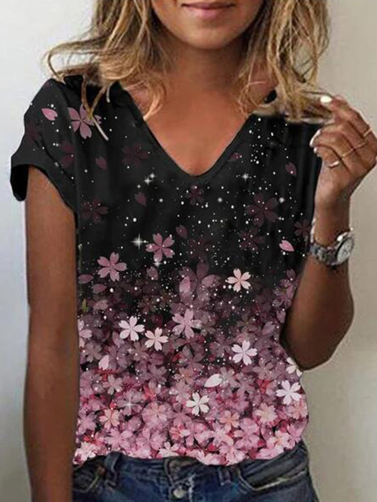 V Neck Short Sleeve Floral Fashion Regular T-Shirt