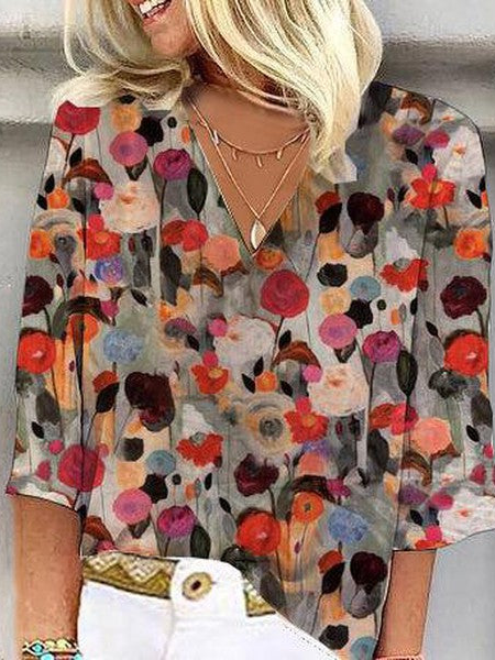 Fashion Half Sleeve V Neck Floral Loose Regular Blouse