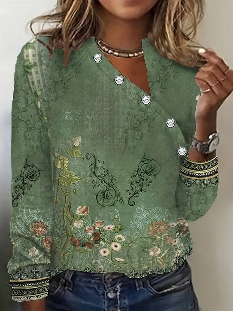 Fashion Long Sleeve Asymmetrical Ethnic Casual Regular T-Shirt