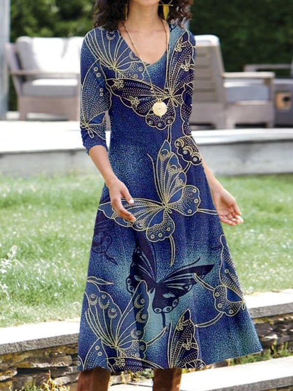 Fashion V Neck Long Sleeve Ethnic Floral Maxi Dress