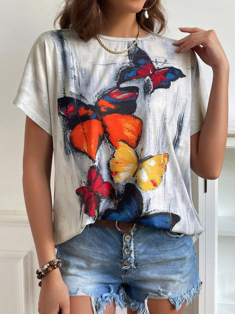 Fashion Short Sleeve Crew Neck Butterfly Casual Regular T-Shirt