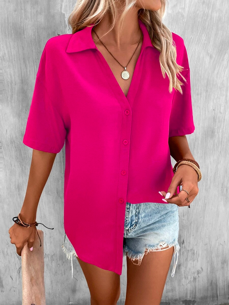 Fashion Short Sleeve Shirt Collar Plain Loose Regular Shirt