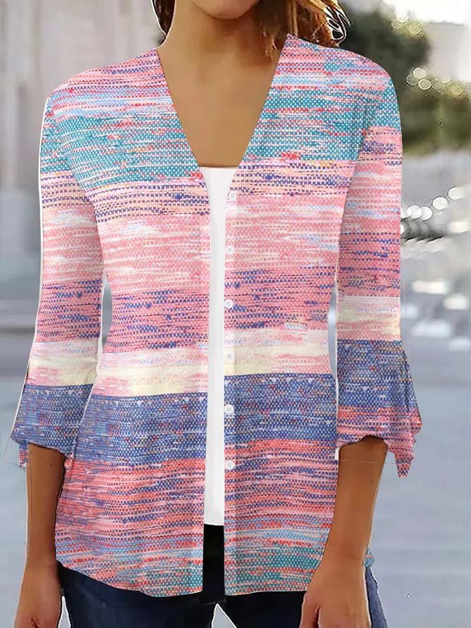 Loose Wrap 3/4 Sleeve Color Block Fashion Mid-Long Cardigan