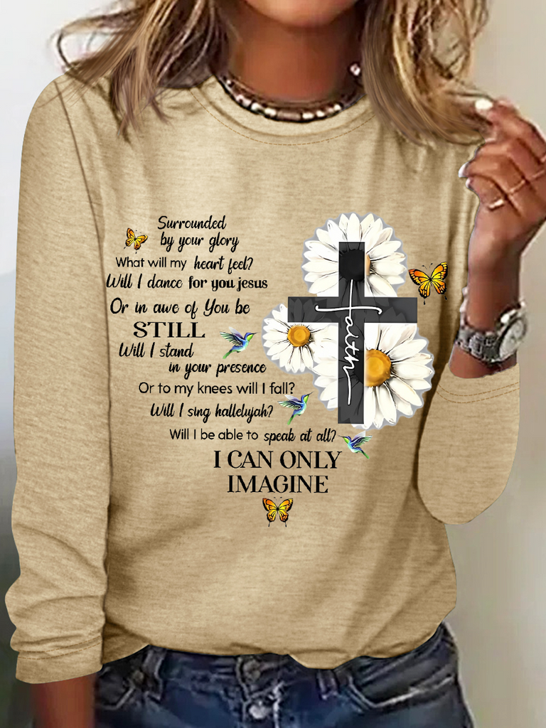 Crew Neck Long Sleeve Text Letters Simple Regular Blouse