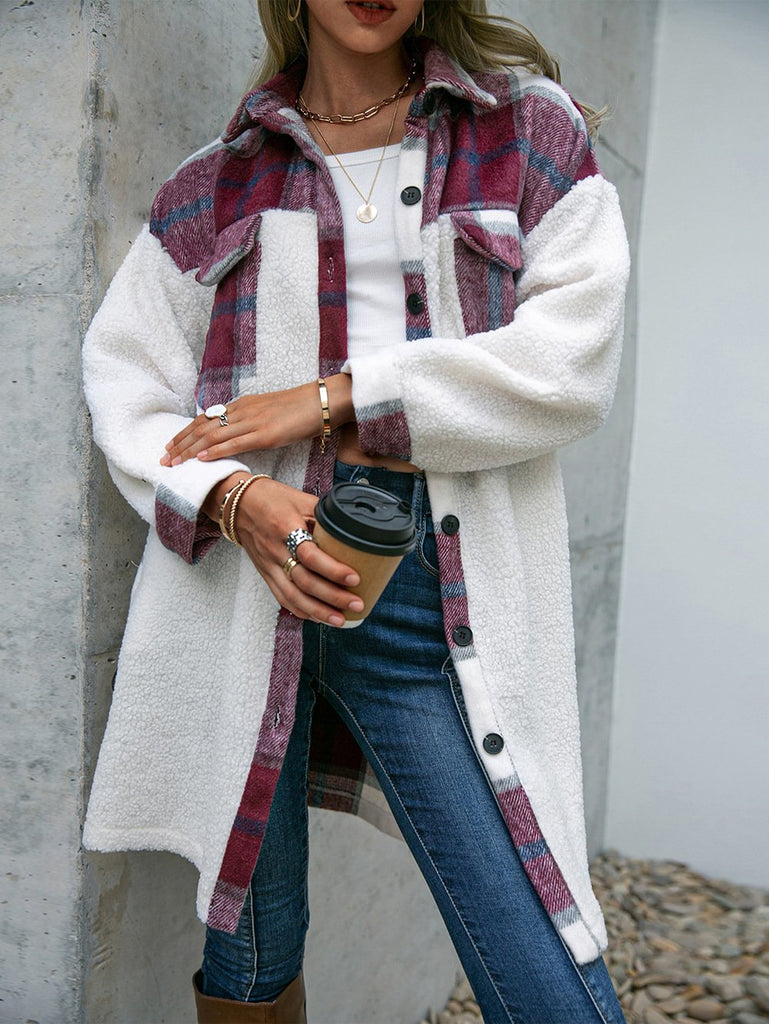 Loose Long Sleeve Plaid Zipper Fashion Regular Coat