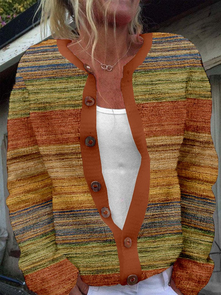 Loose Long Sleeve Multicolor Block Fashion Regular Cardigan
