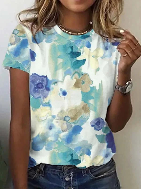 Fashion Short Sleeve Crew Neck Floral Loose Regular T-Shirt