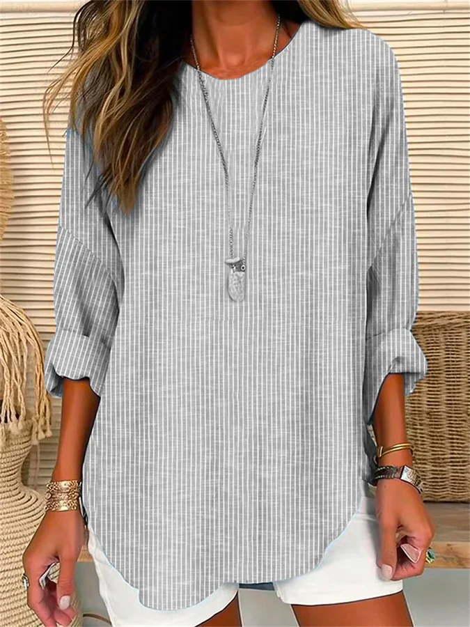Loose Crew Neck Long Sleeve Striped Fashion Regular Blouse
