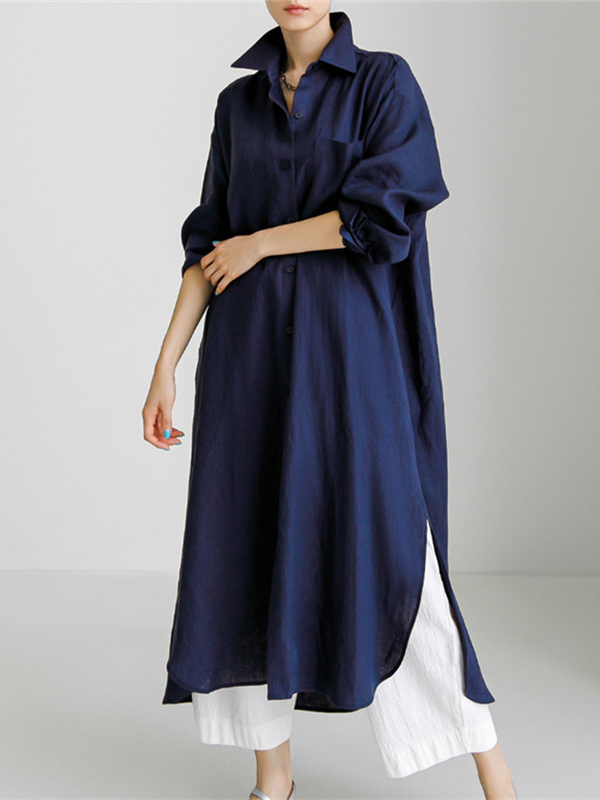 Fashion Long Sleeve Shawl Collar Plain Loose Maxi Dress