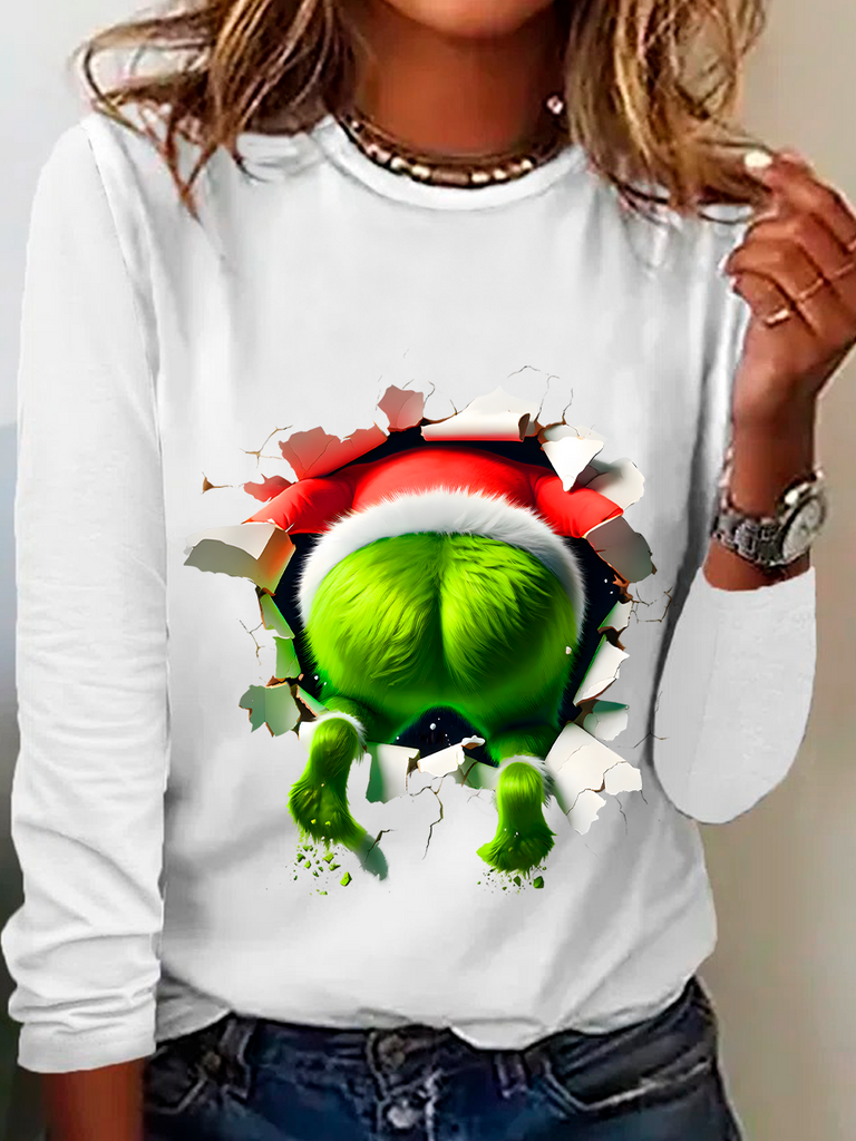 Loose Crew Neck Long Sleeve Christmas Fashion Regular Blouses