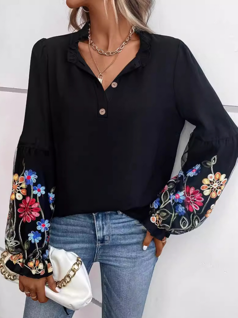 Loose V Neck Long Sleeve Plain Embroidery Fashion Regular Blouse