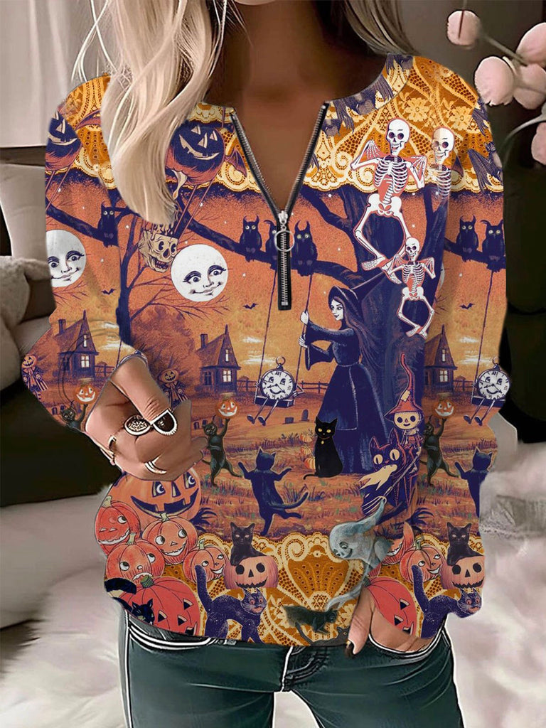 Fashion Crew Neck Long Sleeve Halloween Zipper Casual Regular Sweatshirt