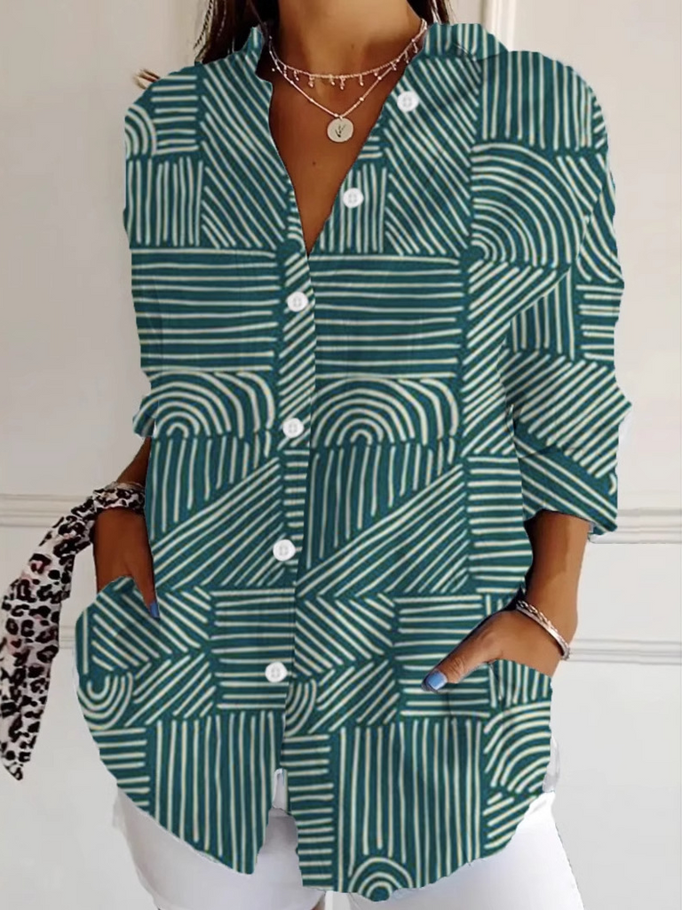 Fashion Long Sleeve Shirt Collar Abstract Loose Regular Shirt