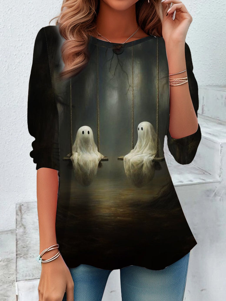 Loose Crew Neck Long Sleeve Halloween Vintage Regular Blouse