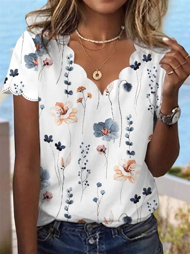Casual V Neck Short Sleeve Floral Fashion Regular T-Shirt