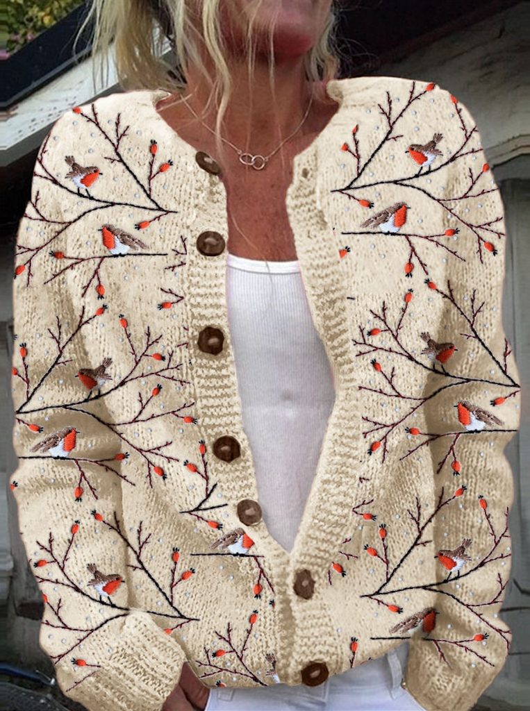 Loose Stand Collar Long Sleeve Floral Fashion Regular Cardigan