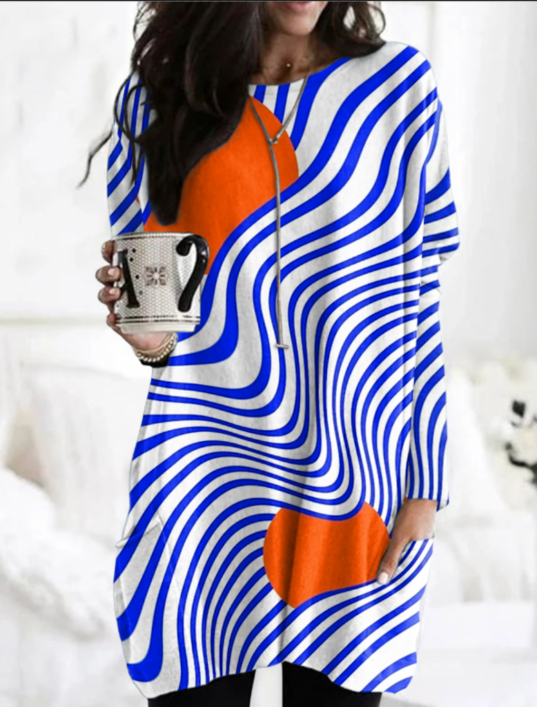 Crew Neck Long Sleeve Geometric Vintage Mid-Long T-Shirt