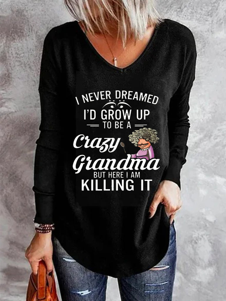 Fashion V Neck Long Sleeve Text Letters Loose Mid-Long T-Shirt