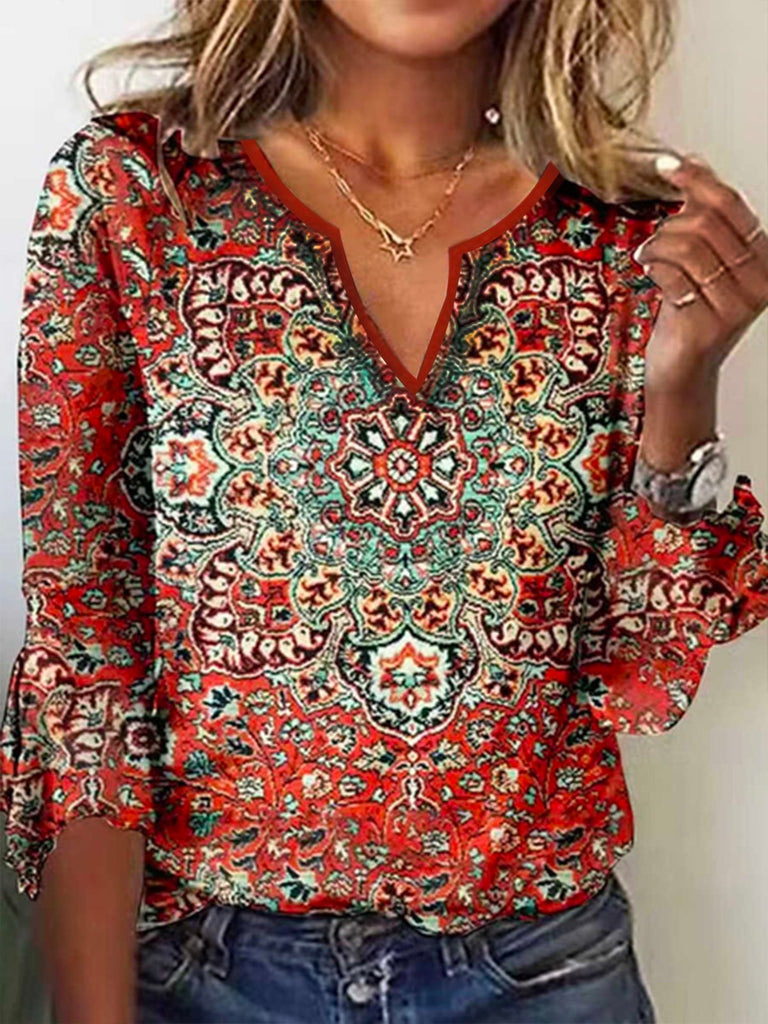 Ethnic 3/4 Sleeve V Neck Ethnic Loose Regular T-Shirt